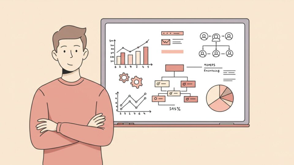 ホワイトボードの前に立つ男性と、グラフやフローチャート、円グラフが描かれた経営分析の図