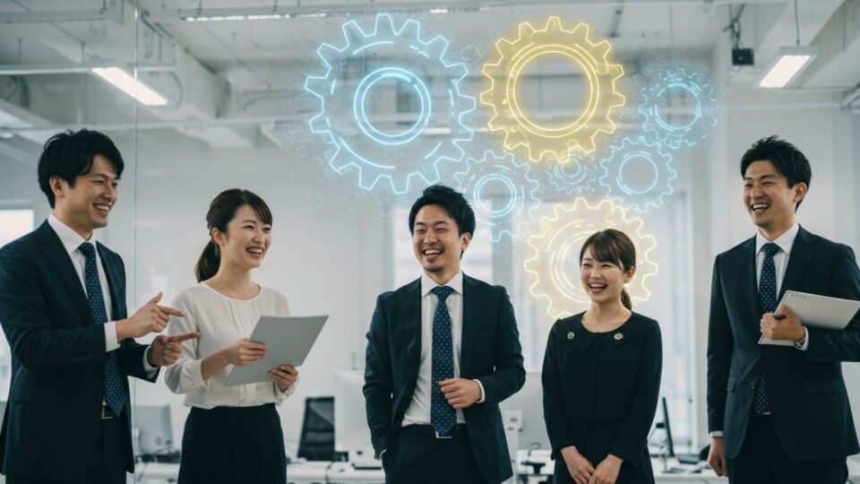 オフィスで笑顔で会話している社員たちの画像