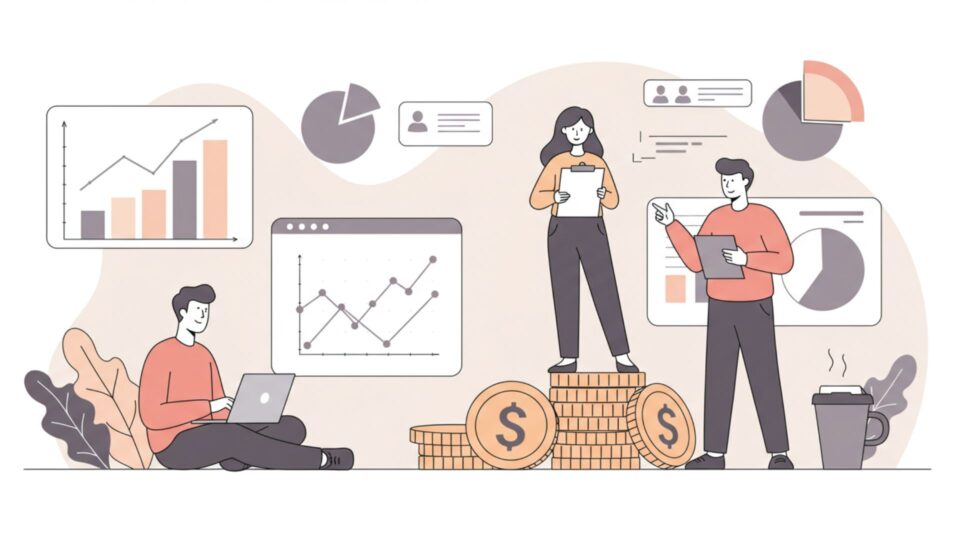 グラフやチャートを背景に、3人の人物が経営分析を行っているイラスト