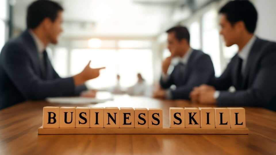 会議テーブルに置かれたBUSINESS SKILLのブロックの画像