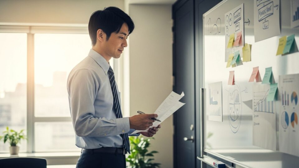 ホワイトボードを見ながら経営戦略を考えるスーツ姿の男性