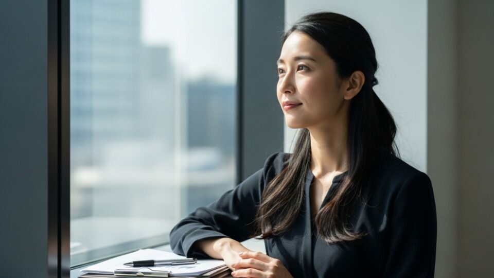 窓際で前向きに未来を見つめるスーツ姿の女性