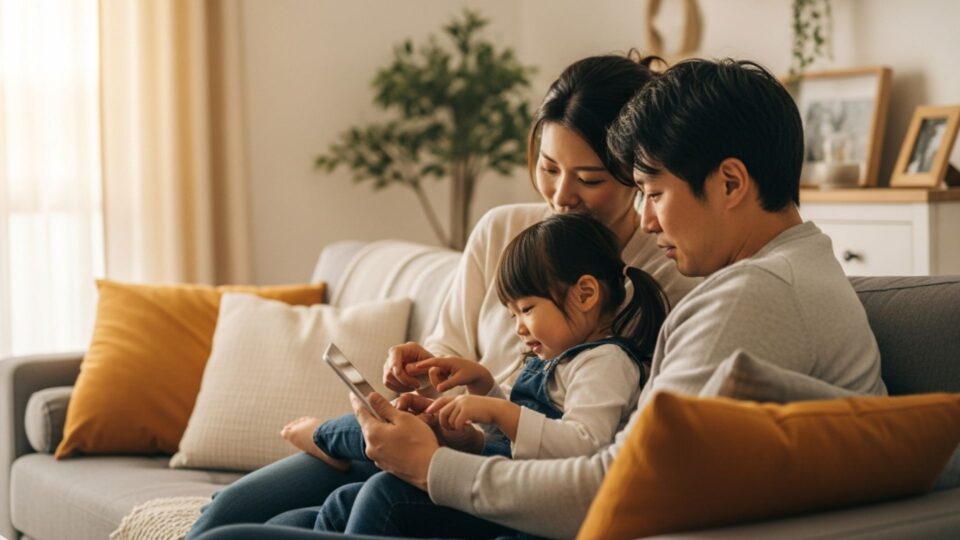 ソファでタブレットを見る家族