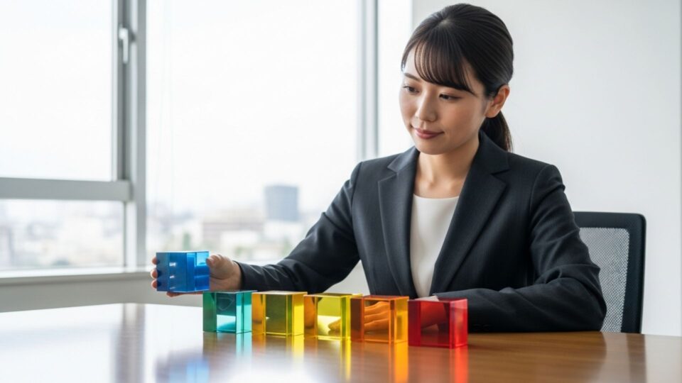 スーツ姿の女性がカラフルなブロックを並べて考えている様子