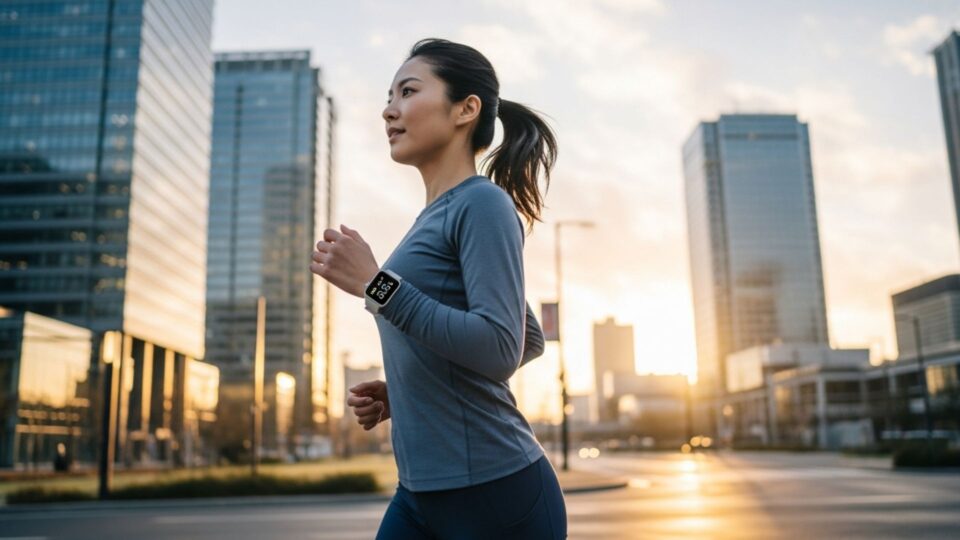 朝日を浴びながら街中を走る女性ランナー