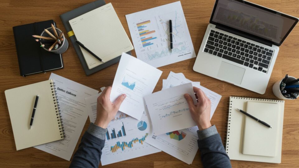 デスクの上でグラフ資料を見比べながら分析するビジネスパーソンの手元