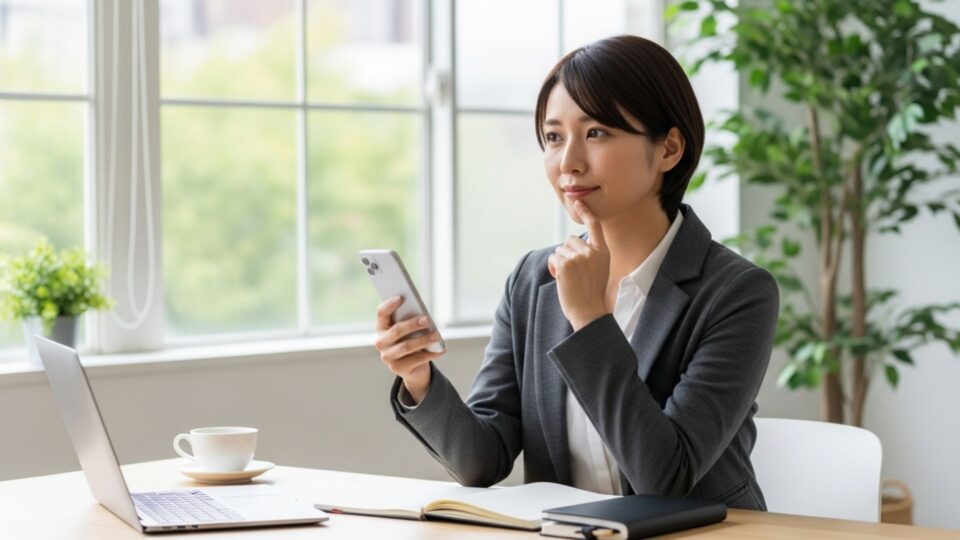 スマホを見ながら考えるスーツ姿の女性