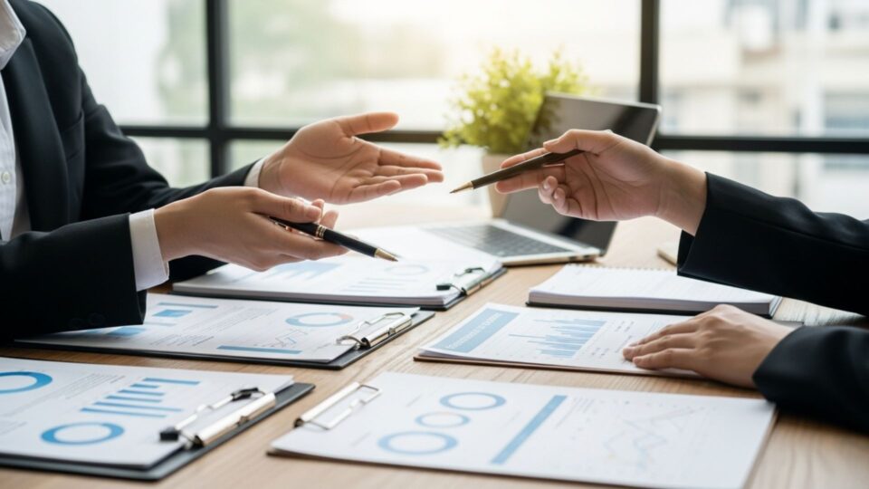 資料を見ながら話し合うビジネスパーソンの手元
