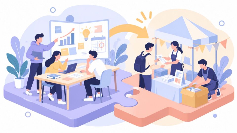 経営で計画を立て、運営で実行しているイラスト