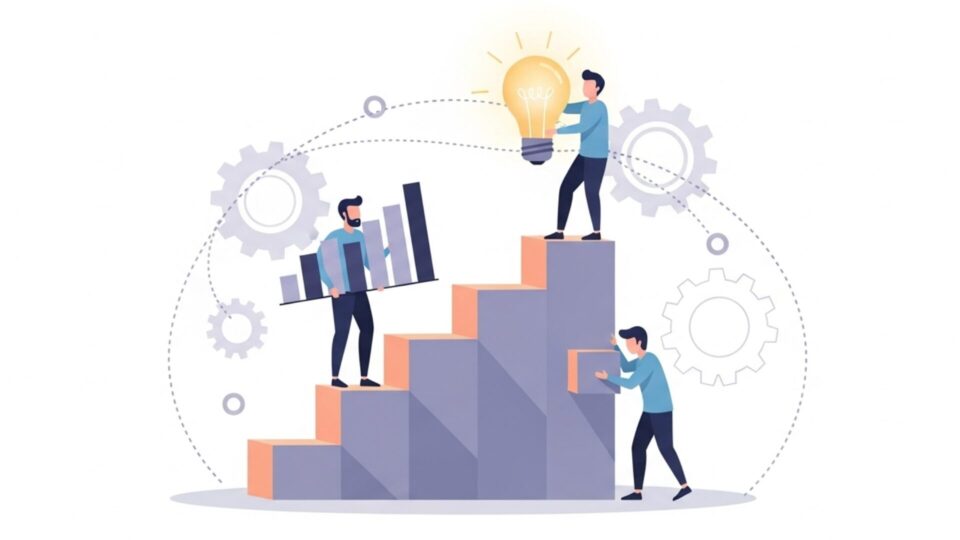 階段を上る人物たちが協力して成長を表すイラスト