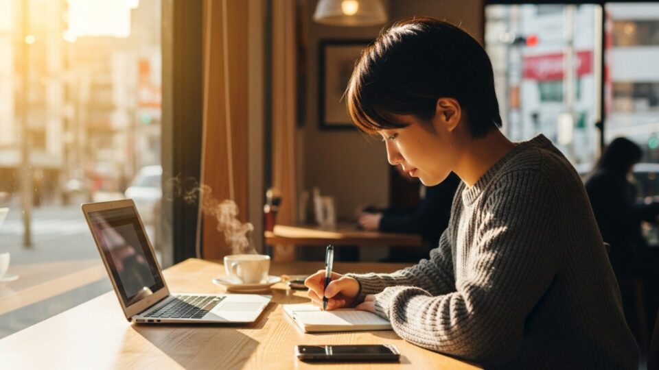 カフェでノートPCを開き、ノートにメモを取りながら作業する女性