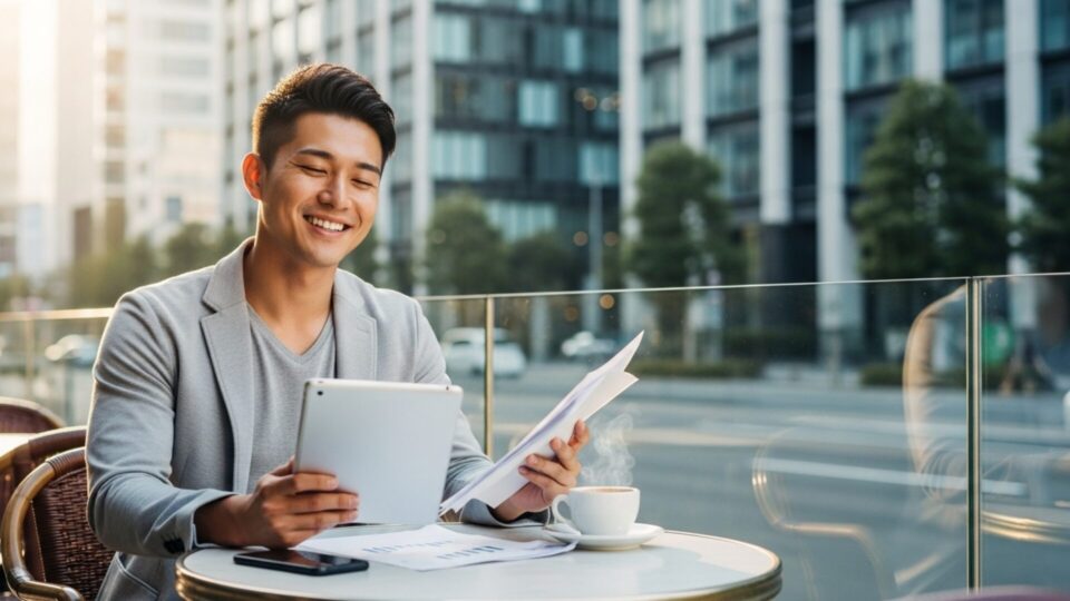 屋外のカフェでタブレットと資料を見ながら笑顔で仕事をする男性