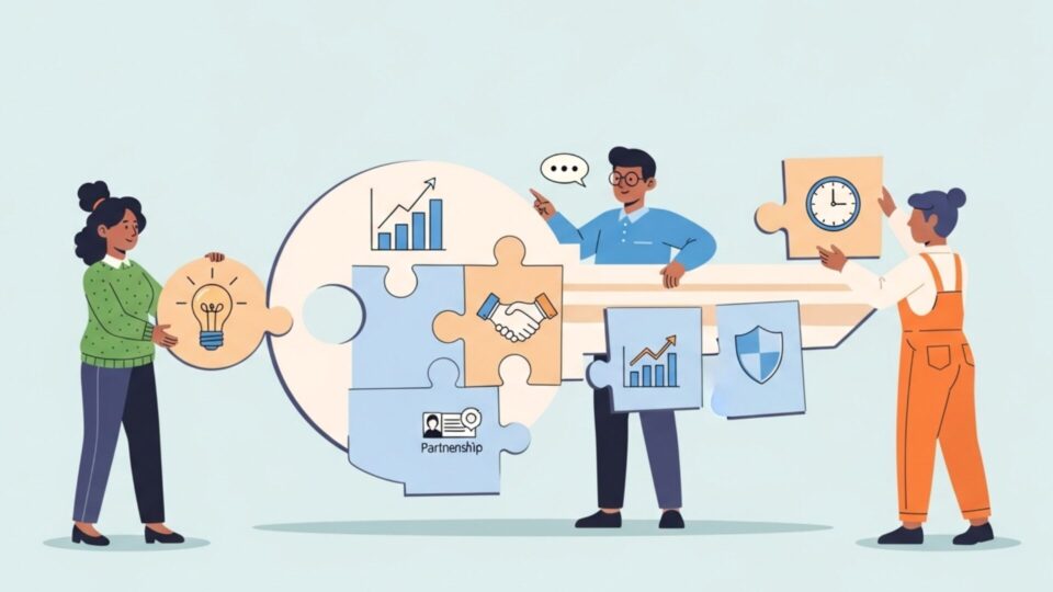 重要ポイントをパズルで組み立てる人々のイラスト