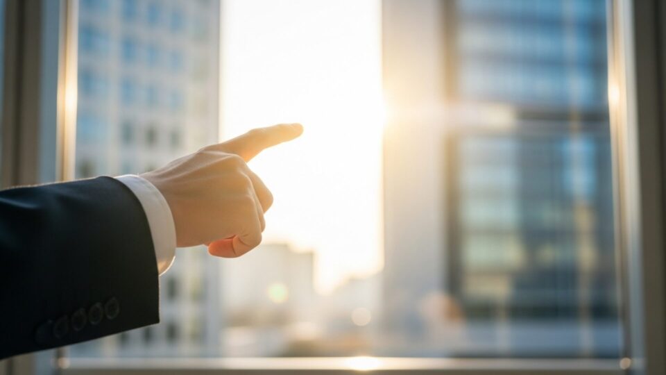 スーツ姿の男性が窓の外の光に向かって指をさしている様子