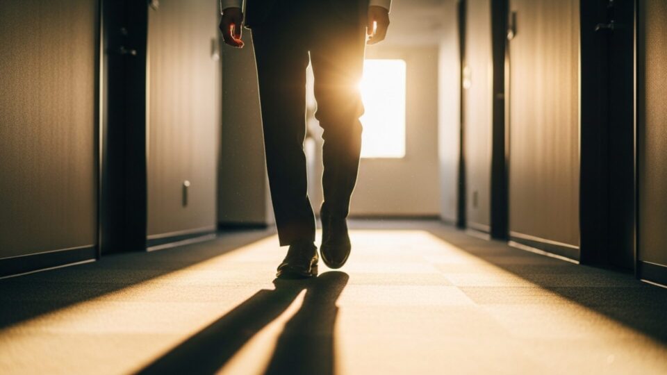 日差しが伸びるオフィスの廊下を一歩ずつ進む男性の足元