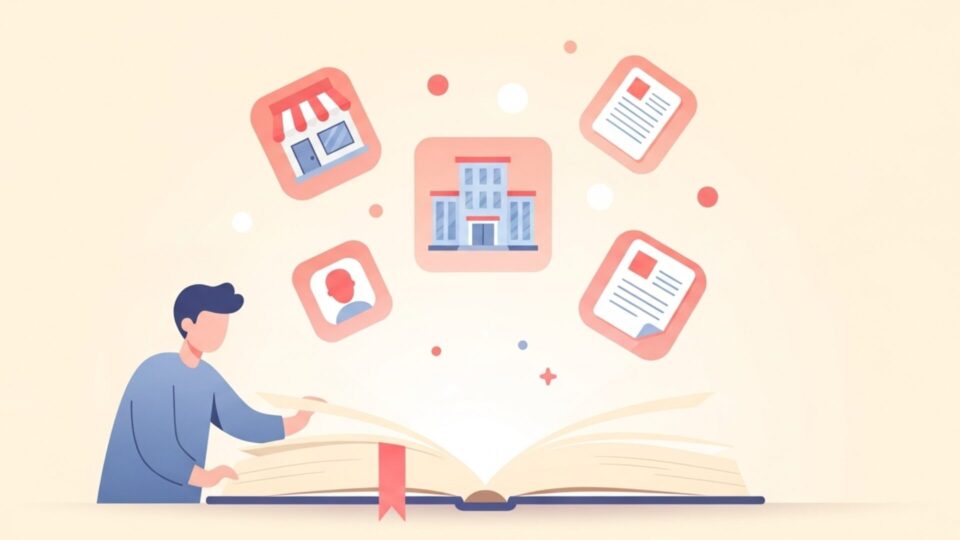 本を開く人物と、起業に関するアイコンが浮かぶイラスト