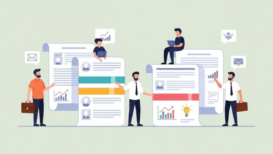 起業手続きを示す大きな書類の前で人々が作業するイラスト