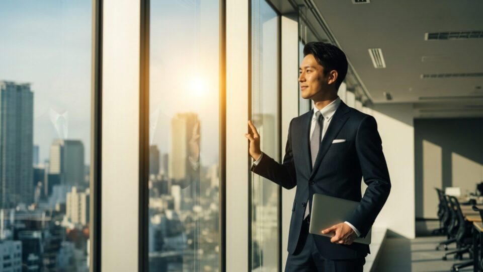 都市の景色を眺めながら、未来を思い描くように窓際に立つビジネスマン