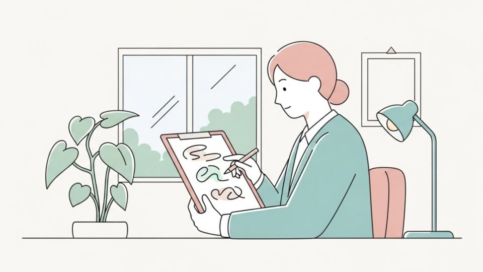 デスクで考えを整理し、計画を書き出している人物のイラスト