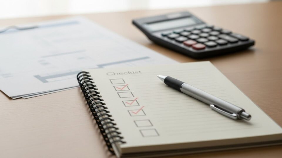 起業計画のチェックリストと電卓を使ってリスク対策を確認するデスクの様子