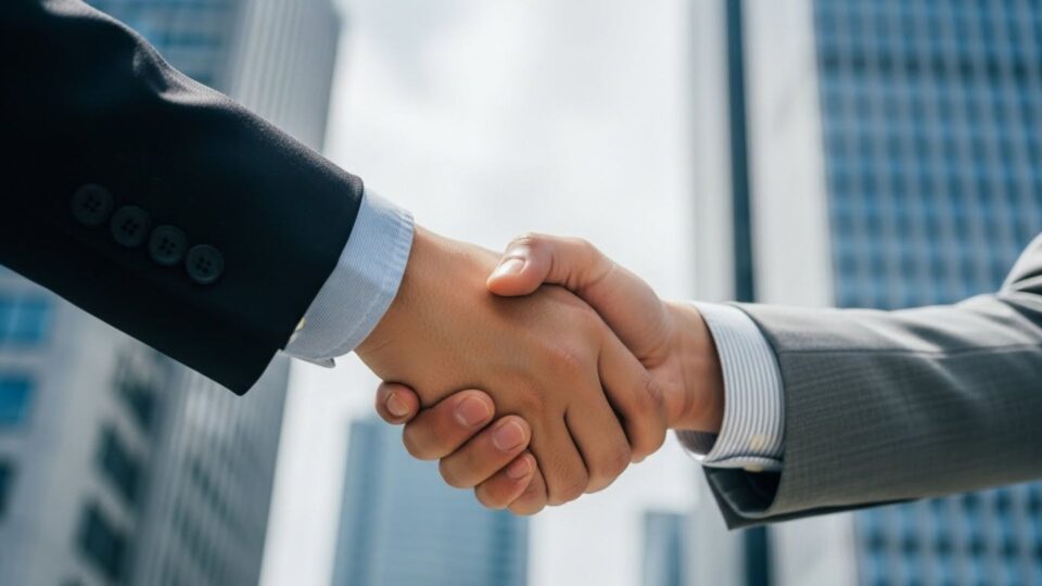 取引成立を象徴する握手を交わす二人の画像