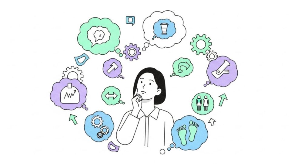 さまざまな考えや選択肢を整理しながら思考している人物のイラスト