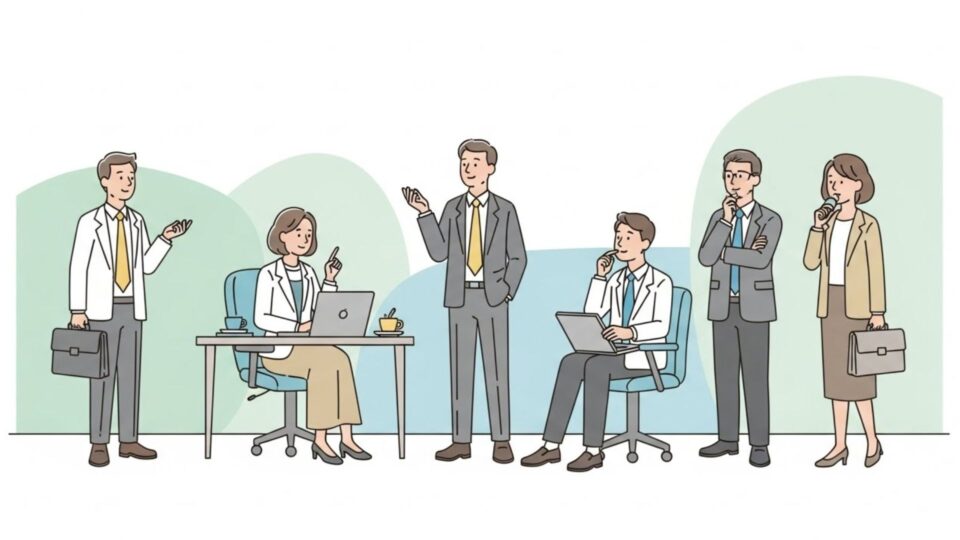 多様な役割や考え方を持つビジネスパーソンが集まる様子のイラスト