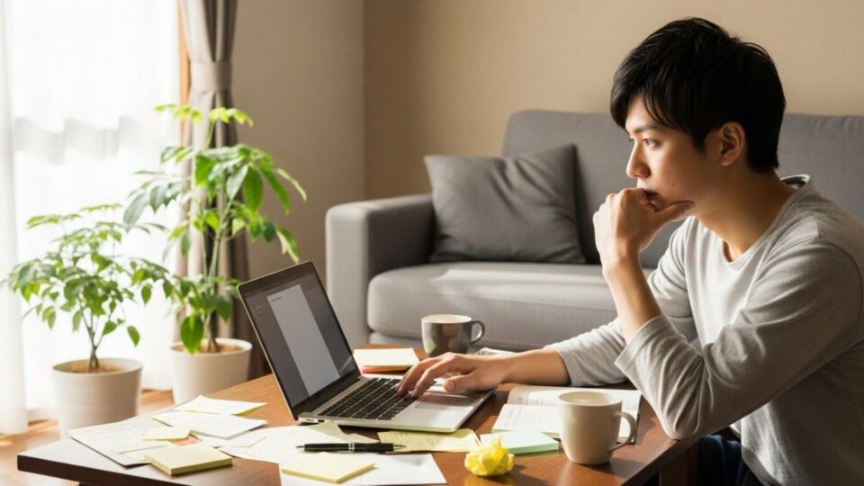 ノートパソコンを見つめながら考え込む男性の画像