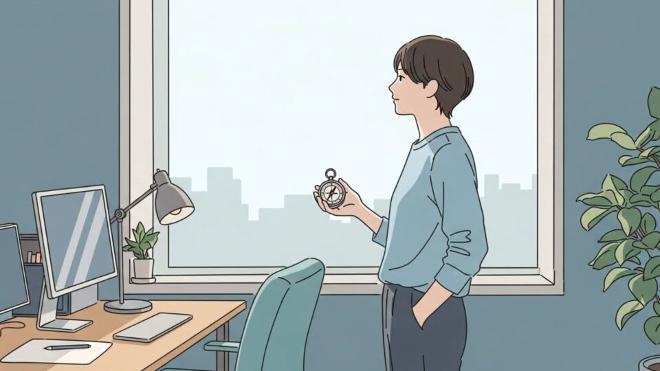 自己理解をもとに、自分らしいリーダーシップの方向性を考えている様子を表したイラスト