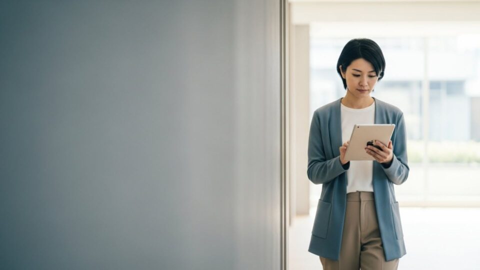 タブレットで資料を確認しながらビジネスプランを検討する女性起業家の様子