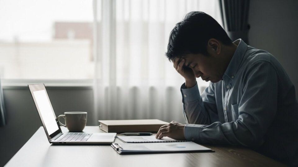 起業の失敗に悩む男性がデスクで頭を抱えながらパソコンを見つめている様子