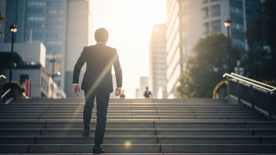 朝日に向かって階段を上るスーツ姿の男性の画像