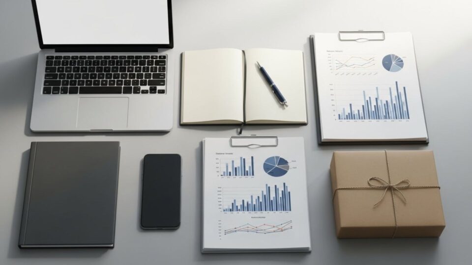 起業準備のためにノートパソコンと資料を並べ、ビジネス計画やデータ分析を行うデスクの様子