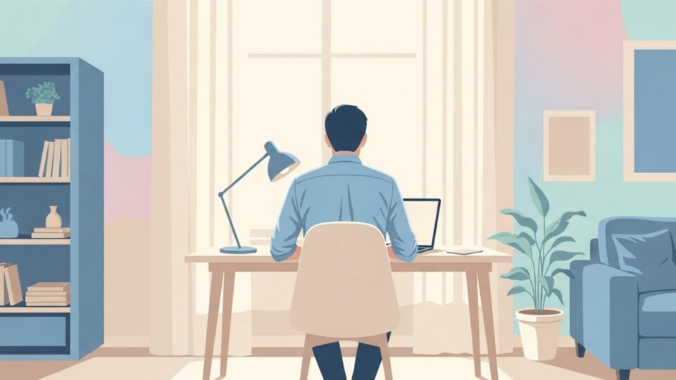 自宅のデスクでパソコンに向かい、落ち着いて作業を進める人物の後ろ姿のイラスト