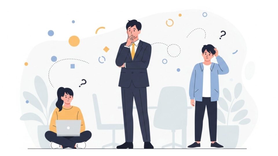 起業や働き方について悩む複数の人物が、考え込む様子を描いたイラスト