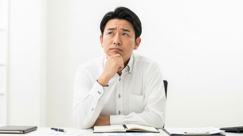白いシャツ姿の男性が机に向かい、手を顎に当てて考え込んでいる様子の画像
