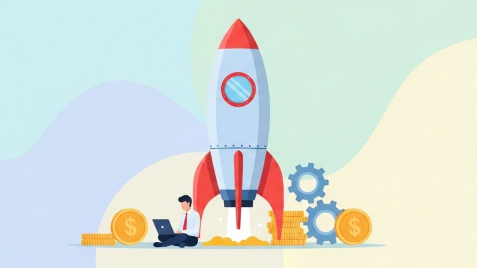 ロケットの打ち上げと、パソコン作業・お金・歯車を組み合わせたビジネスイラスト