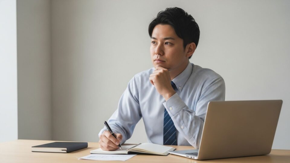 ノートとパソコンを前に、顎に手を当てて考えながらメモを取る男性の画像
