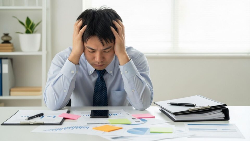 書類やグラフに囲まれ、頭を抱えて悩むスーツ姿の男性の画像