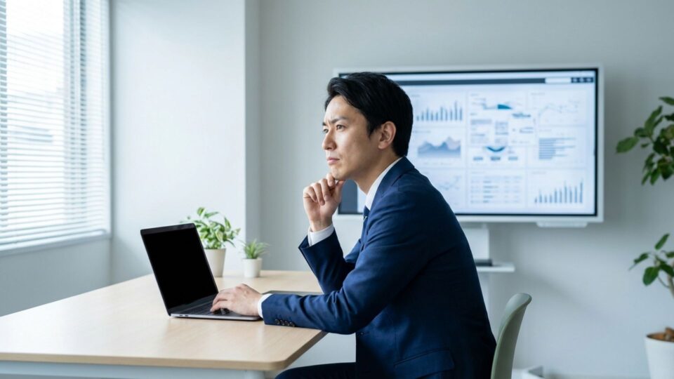 データ画面を見ながら戦略を検討するビジネスパーソン