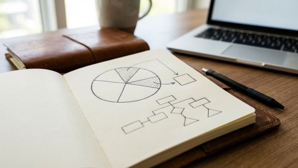 ノートに描かれた円グラフとフローチャートの手書きマーケティング図