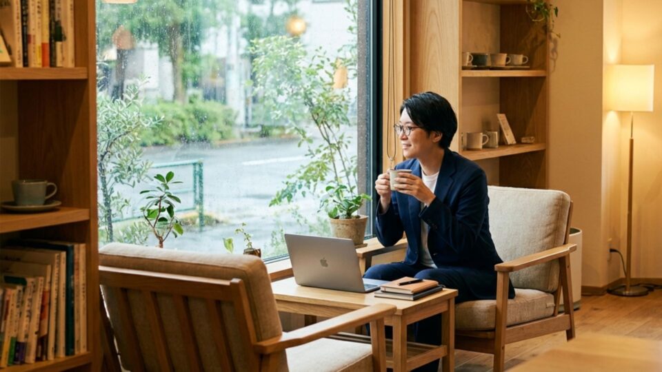 カフェのような空間でノートPCを使いながら考えるビジネスパーソン