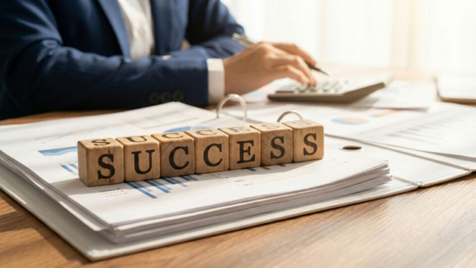SUCCESSの文字ブロックと資料、計算機を使うビジネスシーン