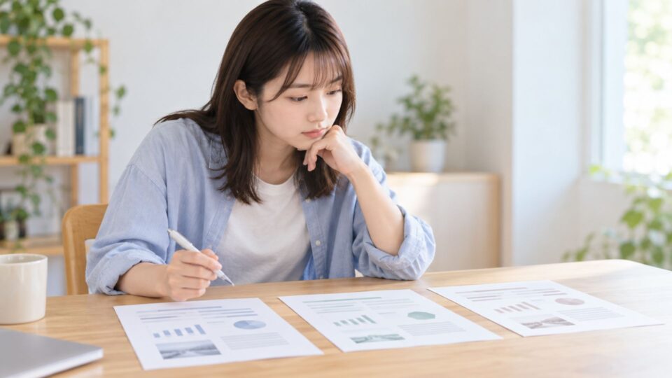 3枚の企業資料を見比べながら考える女性
