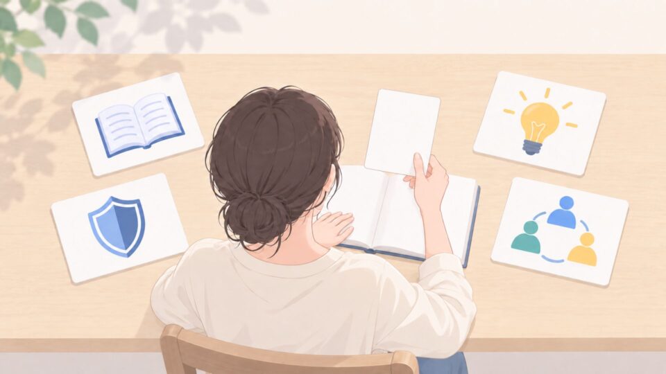 自己分析カードを整理する女子学生のイラスト