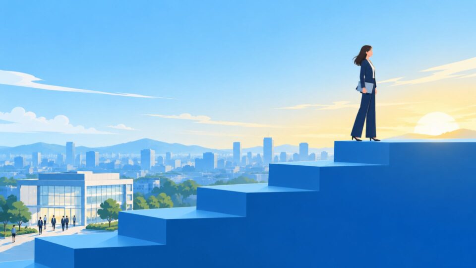 階段を上り事業の成功を目指す女性のイラスト