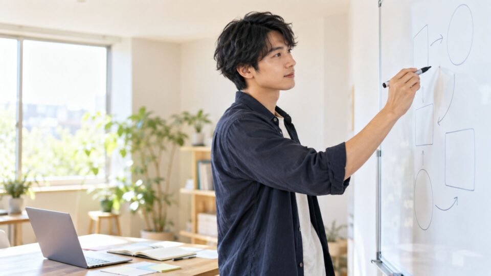 ホワイトボードに事業のアイデアを書き出す若い男性
