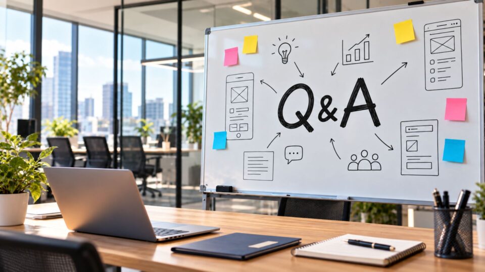 スタートアップのオフィスに置かれた、Q&Aと事業構想が描かれたホワイトボード
