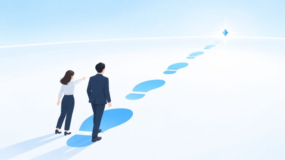 足跡をたどり新しい価値を探す男女のイラスト
