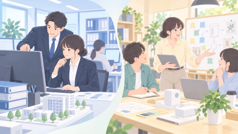 異なる職場環境で働く人々のイラスト